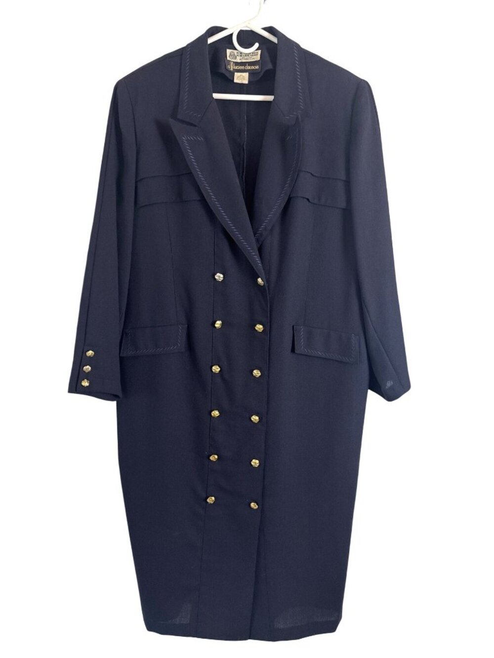 Lucien Daunois Black Double-Breasted Wool Blazer Dress Gold Button Longline XL